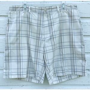 PGA Tour Golf Shorts Mens 38 Ivory Blue Plaid Bermuda 9 inch Comfort Band